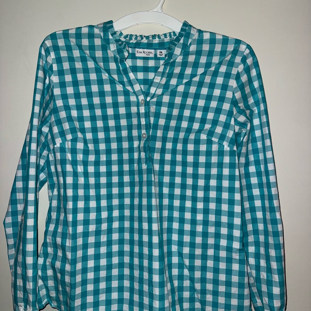 Kim Rogers Teal and White Checkered Button Down Shirt